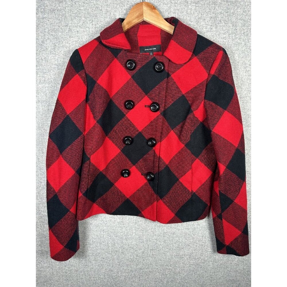 Jones New York Size 8 Womens Jacket Plaid Red Black Button Lined Classic